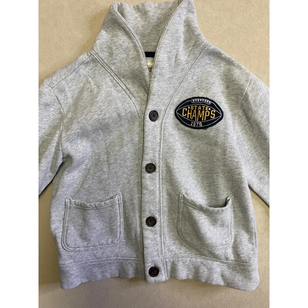 Gymboree Boys Size S 5-6 Gray Varsity Shawl Collar Fleece Button CardiganSweater